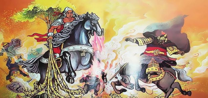 Tranh minh họa: Thánh Gióng oai phong cưỡi ngựa sắt phun lửa đánh giặc (Nguồn: Bộ sưu tập di sản văn hóa Việt Nam)