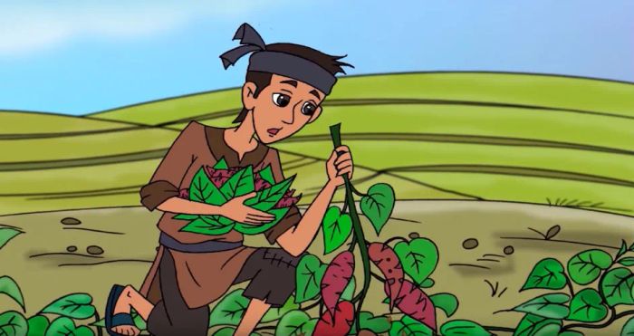 Tranh minh họa sống động về khoảnh khắc cậu bé phát hiện củ khoai lang lần đầu tiên (Nguồn: Bộ sưu tập giáo dục)