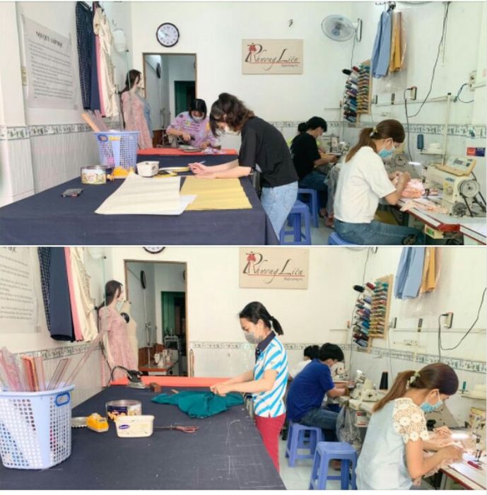 Hình ảnh học viên thực hành tại xưởng may Phương Liên