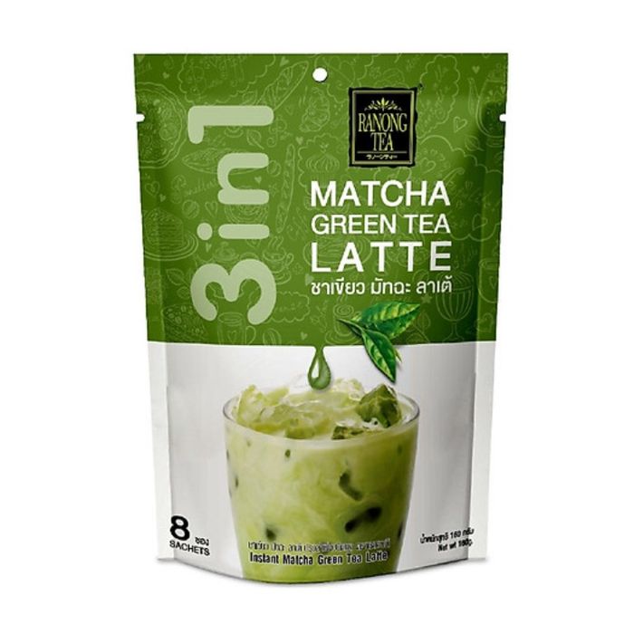 Hình ảnh thực tế Trà sữa Matcha Ranong Tea - Bao bì xanh đặc trưng