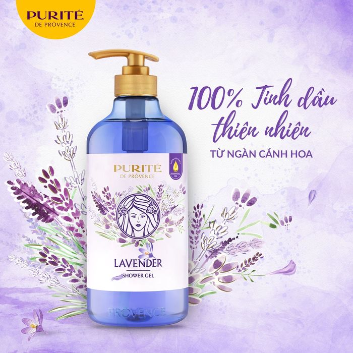 Hình ảnh Sữa Tắm Purité De Provence Hoa Oải Hương - Chai sữa tắm sang trọng trong tông màu tím lavender đặc trưng, phản chiếu vẻ đẹp tinh tế của vùng Provence nước Pháp.