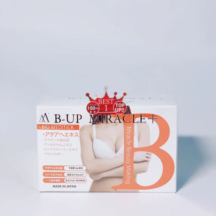 Hình ảnh thực tế viên uống B-Up Miracle+ - Thiết kế sang trọng, vỏ hộp bảo vệ tiêu chuẩn Nhật