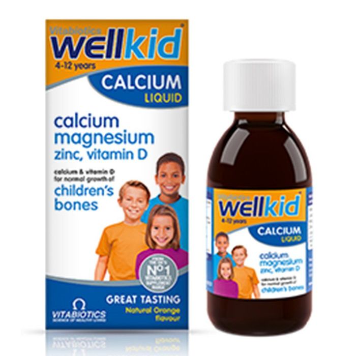 Ảnh minh họa của Canxi nước Wellkid Calcium Liquid, sản phẩm dinh dưỡng lý tưởng cho trẻ từ 4-12 tuổi với hương vị cam dễ uống.