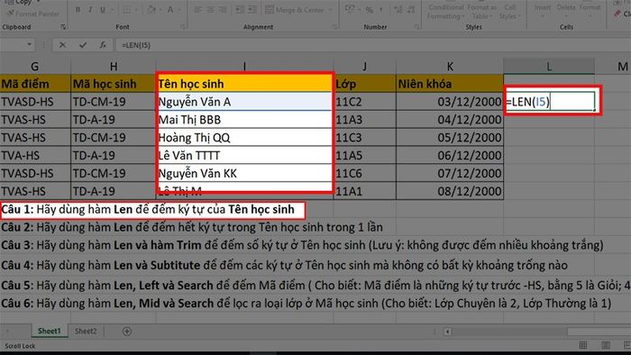 Hình ảnh minh họa cách sử dụng hàm LEN để kiểm tra độ dài chuỗi