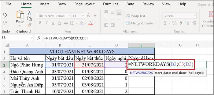 Minh họa trực quan cách sử dụng hàm NETWORKDAYS trong quản lý công việc