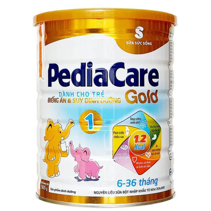 Hình ảnh sản phẩm sữa PediaCare Gold phiên bản thứ hai với bao bì hiện đại và sang trọng.