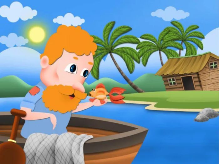 Hình minh họa sống động - Cảnh ông lão đối thoại với cá vàng giữa biển khơi