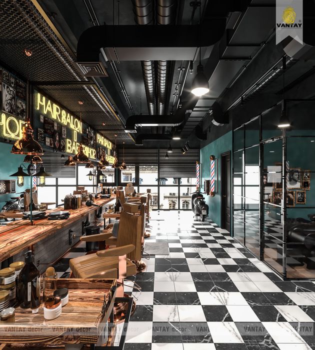 Không gian barbershop kết hợp hài hòa giữa công nghiệp và thiên nhiên