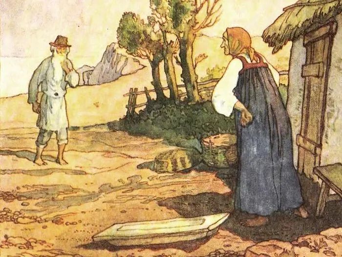 Tranh minh họa số 1: Cảnh ông lão đối thoại với cá vàng