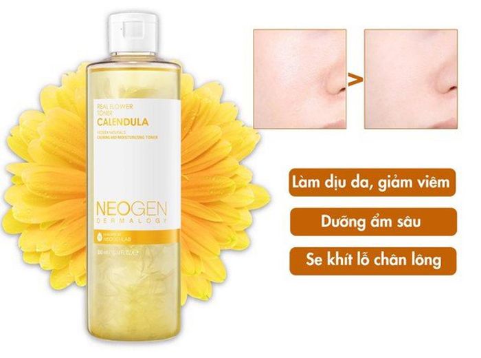 Hình ảnh chai Neogen Real Flower Calendula Toner với những cánh hoa cúc lơ lửng