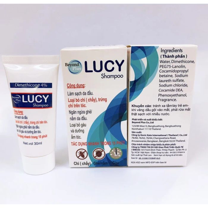 Dầu gội LUCY Shampoo - Hình ảnh 1: Thiết kế chai sang trọng với thông tin thành phần nổi bật, nhấn mạnh công thức Dimethicone an toàn cho cả gia đình.