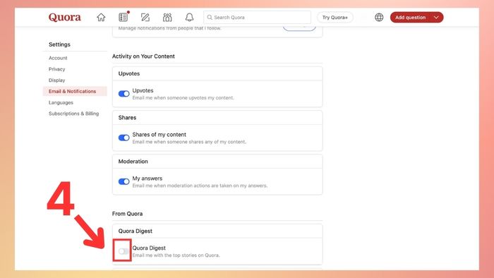 Hướng dẫn ngừng nhận Quora Digest - Bước thực hiện thứ ba