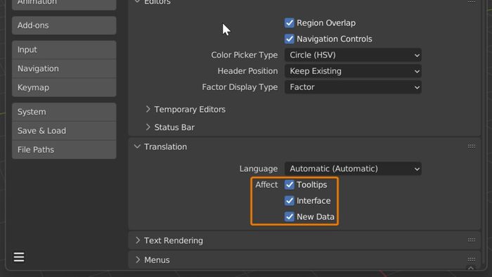 Tình trạng giao diện không đổi khi chuyển ngôn ngữ Blender