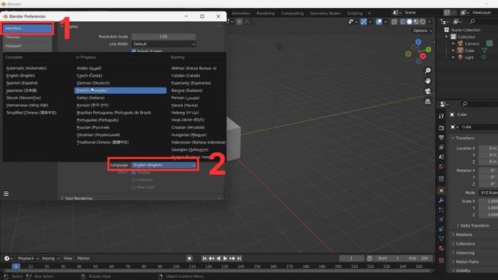 Các bước thay đổi ngôn ngữ Blender - Thao tác thứ ba