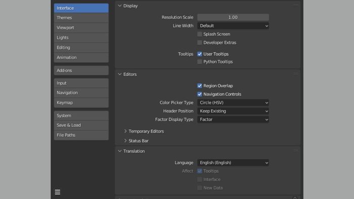Hiện tượng bản dịch thiếu khi đổi ngôn ngữ Blender