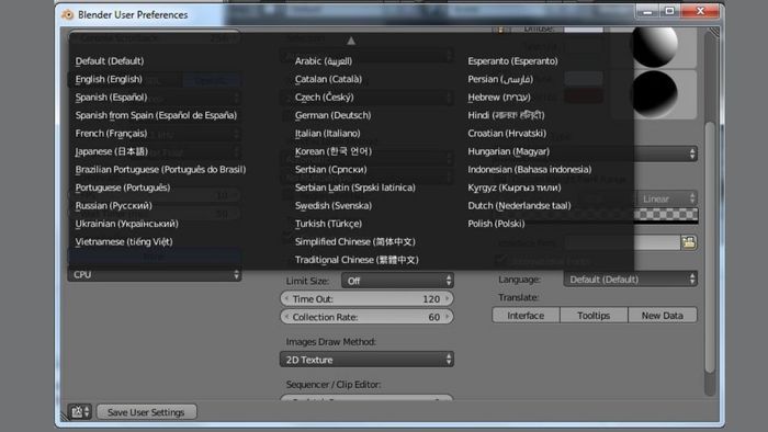 Danh mục ngôn ngữ khả dụng trên Blender và phương pháp chuyển đổi ngôn ngữ