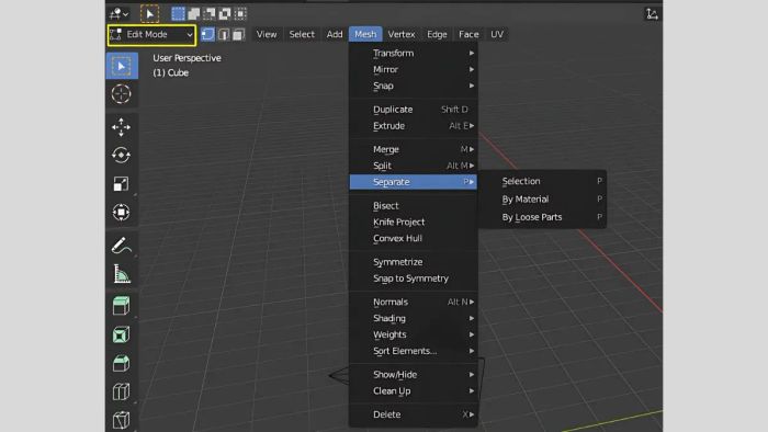 Phương pháp tách đối tượng trong Blender sử dụng phím P tại chế độ Edit Mode