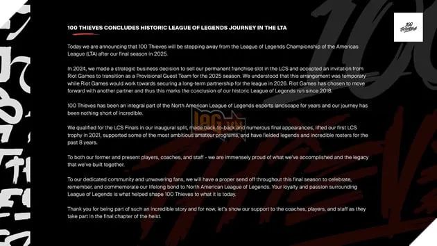 100 Thieves xác nhận sẽ rời khỏi LTA North khi kết thúc mùa giải 2025