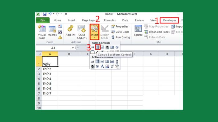 Hướng dẫn thực hiện bước 2 tạo ComboBox qua tab Developer