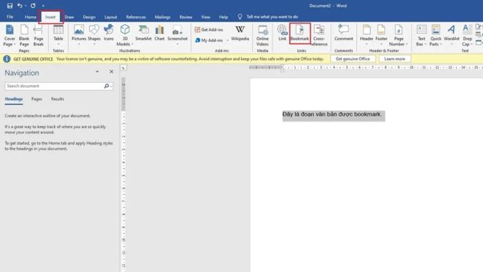 Thực hiện bước thứ hai để tạo Bookmark trong Word
