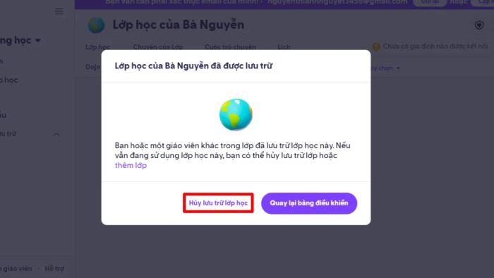 Hình ảnh minh họa chi tiết bước thứ hai trong quy trình khôi phục lớp học đã lưu trữ trên ClassDojo