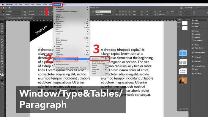 Hình ảnh minh họa các bước thực hiện Drop cap InDesign phần 2