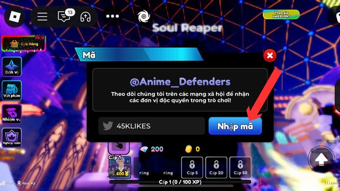 Quy trình nhập code Anime Defense RNG - Bước cuối cùng