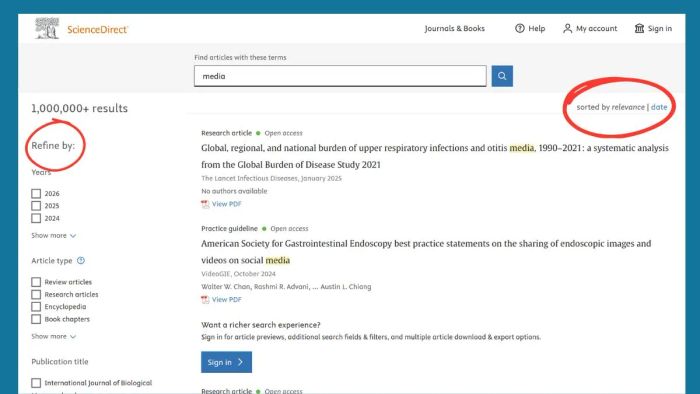 Cách lọc và sắp xếp tài liệu tìm kiếm trên ScienceDirect
