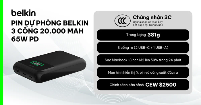 Bộ sạc di động BoostCharge Pro 3 cổng 20,000 mAh