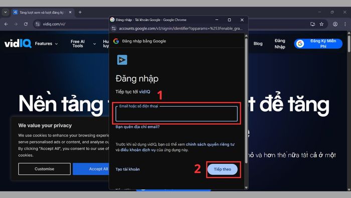 Thực hiện đăng ký VidIQ - Bước thứ hai