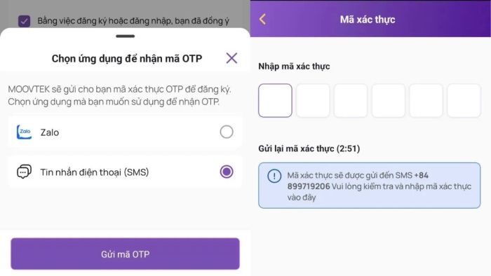 Xác minh số điện thoại khi đăng ký tài khoản Moovtek