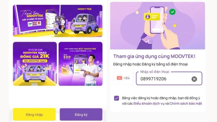 Mở ứng dụng Moovtek và chọn mục Đăng ký