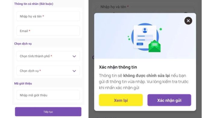 Khai báo trọn vẹn thông tin cá nhân và lựa chọn hình thức dịch vụ muốn đăng ký trên nền tảng Moovtek