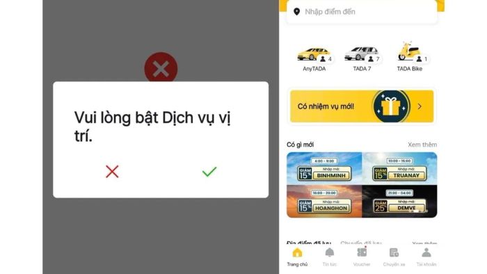 Khởi chạy ứng dụng TADA và bật chức năng định vị để xác định chính xác vị trí