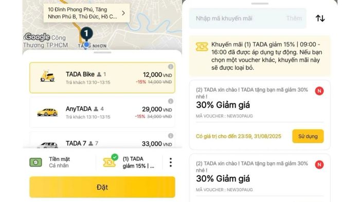 Lựa chọn phương tiện di chuyển và nhập mã khuyến mãi trong ứng dụng TADA