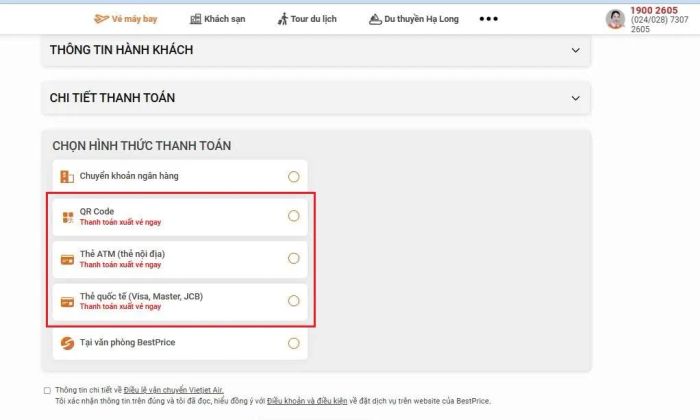 Danh sách phương thức thanh toán hỗ trợ xuất vé ngay lập tức