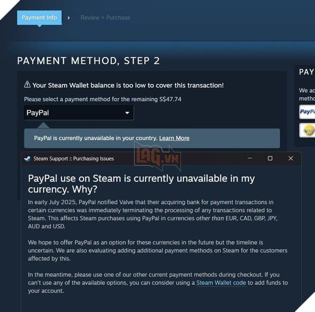 Cộng đồng Steam nhận thông báo PayPal không còn khả dụng tại quốc gia của họ