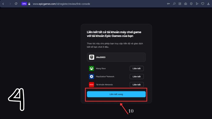 Thực hiện liên kết tài khoản Epic Games với hệ thống