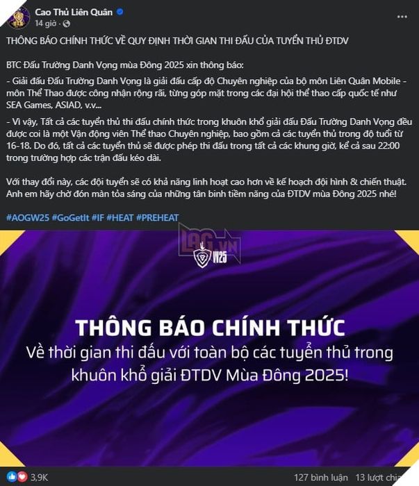 BTC Đấu Trường Danh Vọng Mùa Đông 2025 công bố chính thức về quy định thời gian thi đấu mới