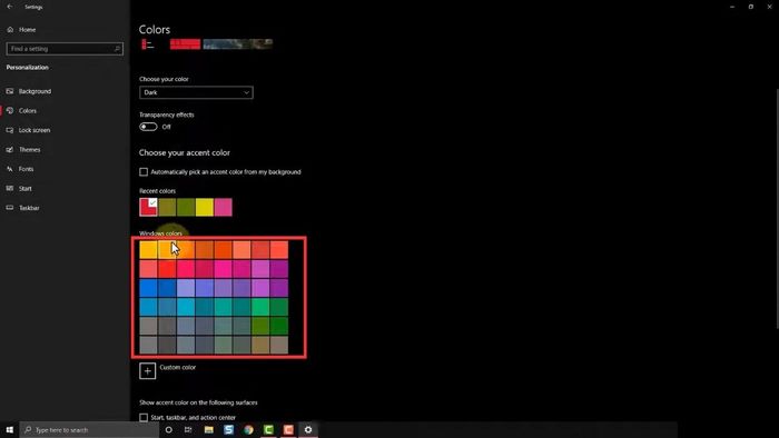 Tiến hành thay đổi màu thanh Taskbar - Bước thực hiện thứ hai