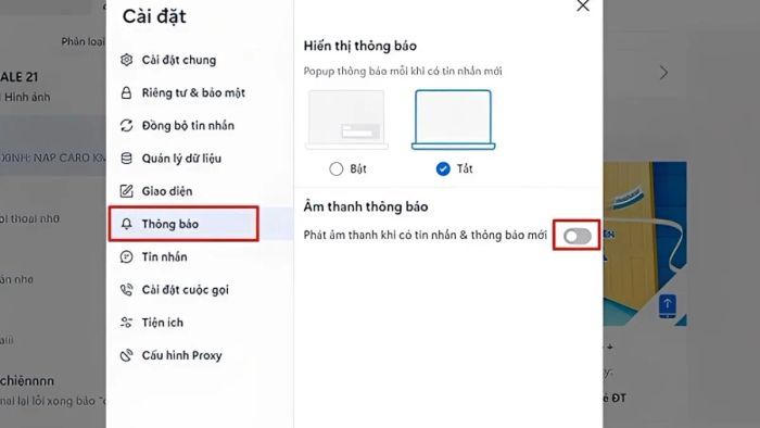 Cách tắt thông báo tin nhắn Zalo trên máy tính - bước 3