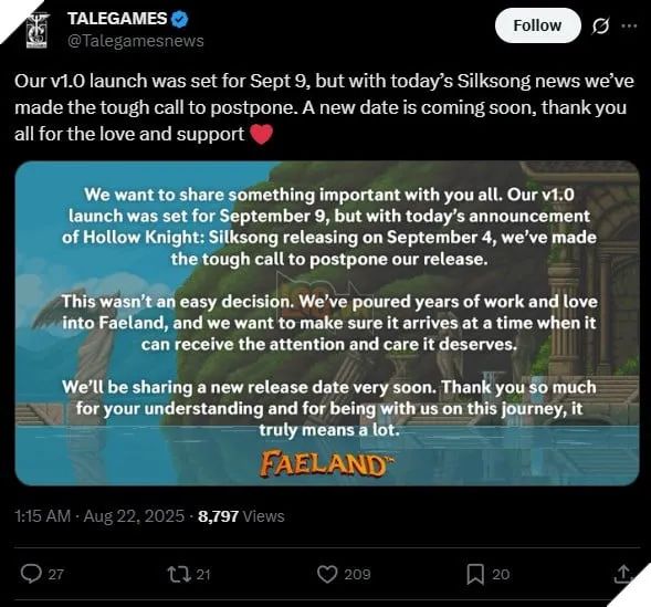 TALEGAMES tuyên bố hoãn ngày ra mắt chính thức cho tựa game Faeland