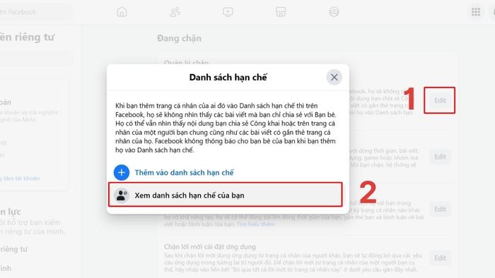 Tiếp tục quy trình tìm kiếm danh sách chặn trên Facebook thông qua máy tính - bước thứ tư