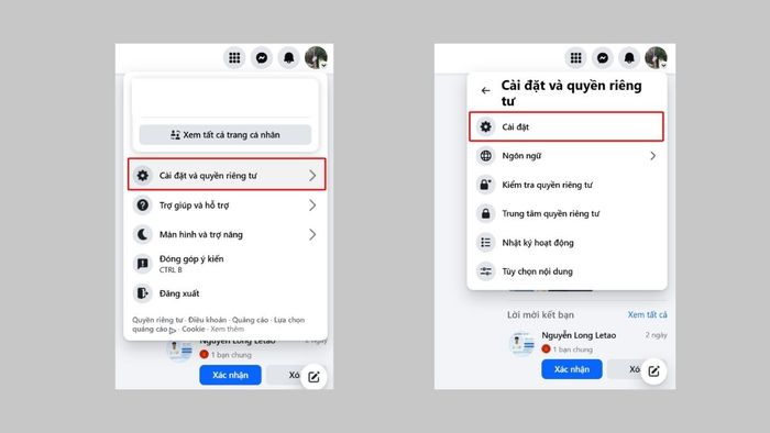 Các bước thực hiện để định vị danh sách chặn trên Facebook qua máy tính - bước đầu tiên