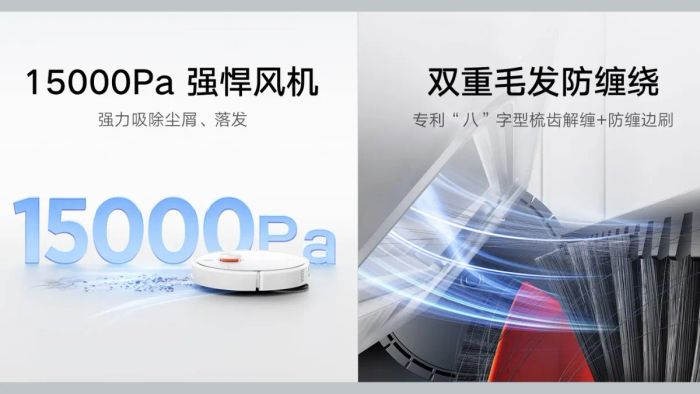 Xiaomi Mijia Robot Vacuum-Mop 5C được tích hợp khả năng hút bụi mạnh mẽ lên tới 15,000Pa, cùng hệ thống hai đĩa lau có chức năng xoay tròn