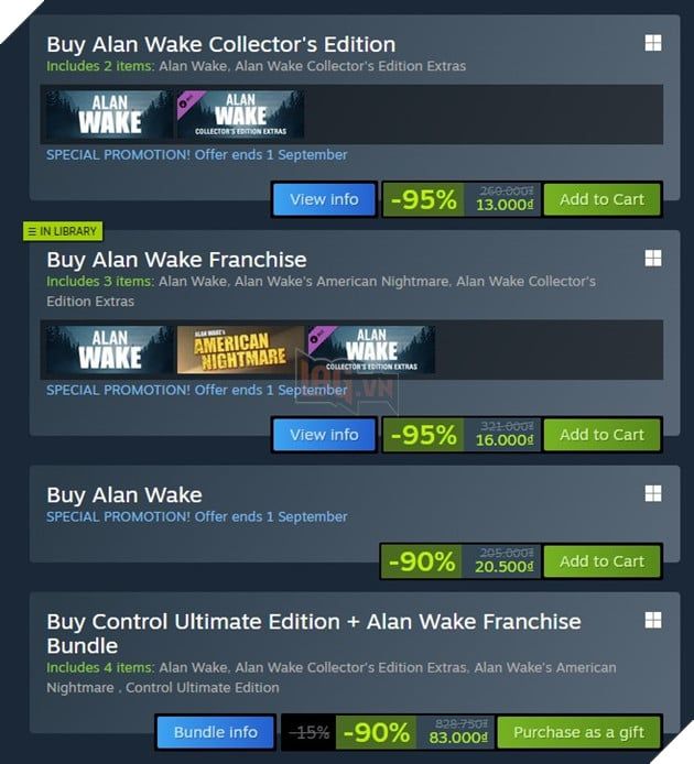 Alan Wake, American's Nightmare và Control đều đang được áp dụng chương trình khuyến mãi giảm giá mạnh