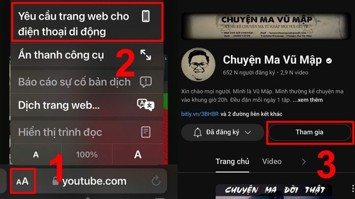 Hướng dẫn đăng ký hội viên YouTube trên iOS - bước 1 và 2