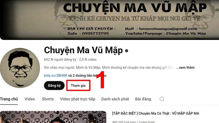 Cách đăng ký hội viên YouTube trên máy tính - bước 1