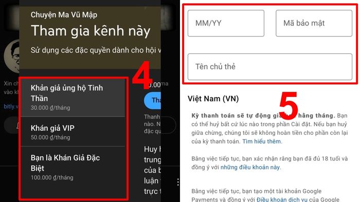 Hướng dẫn đăng ký hội viên YouTube trên iOS - bước 3 và 4