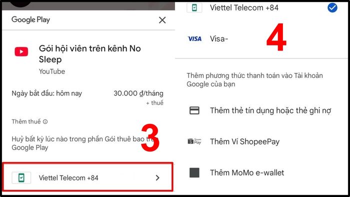 Các bước đăng ký hội viên YouTube trên điện thoại - bước 3 và 4